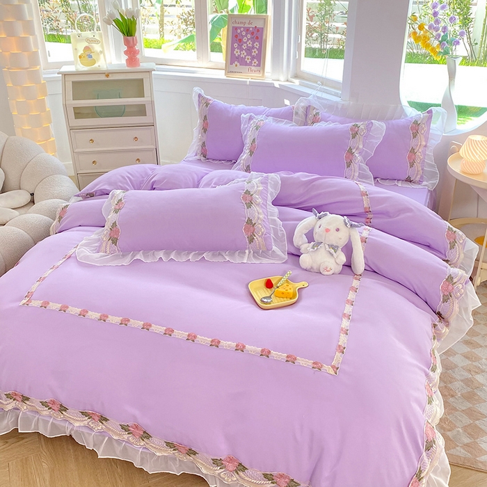 91家纺网 家纺一手货源 找家纺 后庭寝室 2025新款韩版雪纺磨毛蕾丝纯色床裙四件套-遇见公主 遇见公主-浅紫