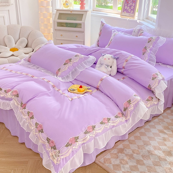 91家纺网 家纺一手货源 找家纺 后庭寝室 2025新款韩版雪纺磨毛蕾丝纯色床裙四件套-遇见公主 遇见公主-浅紫