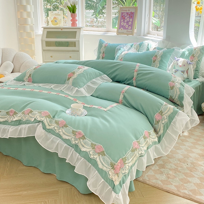 91家纺网 家纺一手货源 找家纺 后庭寝室 2025新款韩版雪纺磨毛蕾丝纯色床裙四件套-遇见公主 遇见公主-绿色