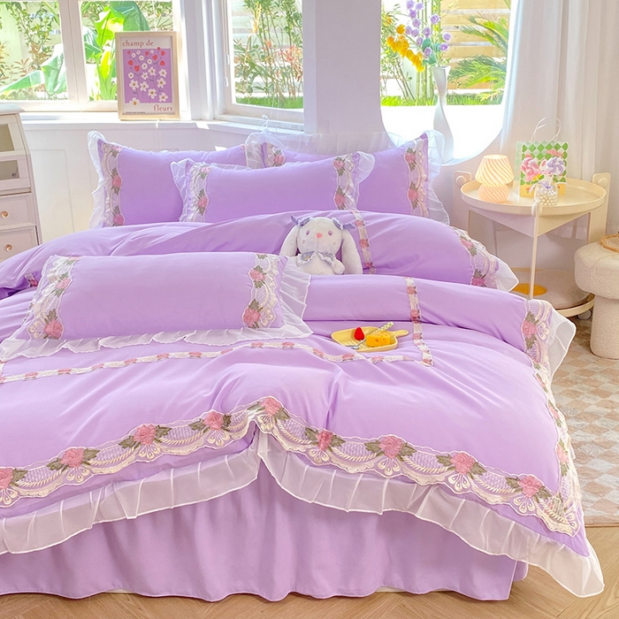 91家纺网 家纺一手货源 找家纺 后庭寝室 2025新款韩版雪纺磨毛蕾丝纯色床裙四件套-遇见公主 遇见公主-浅紫