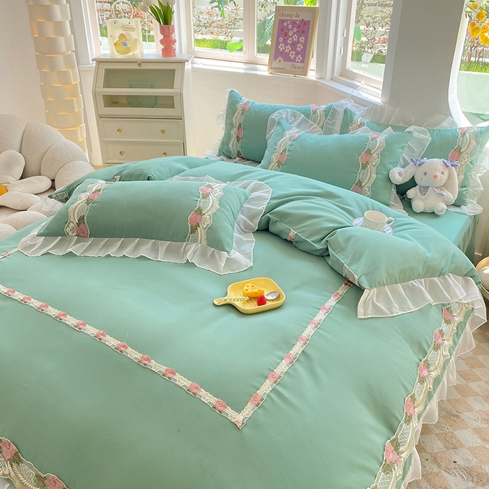 91家纺网 家纺一手货源 找家纺 后庭寝室 2025新款韩版雪纺磨毛蕾丝纯色床裙四件套-遇见公主 遇见公主-绿色