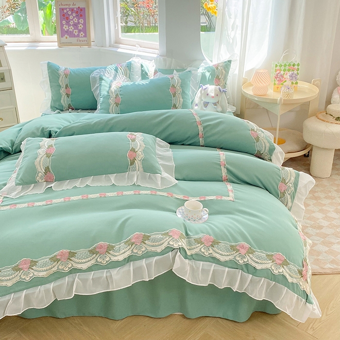 91家纺网 家纺一手货源 找家纺 后庭寝室 2025新款韩版雪纺磨毛蕾丝纯色床裙四件套-遇见公主 遇见公主-绿色