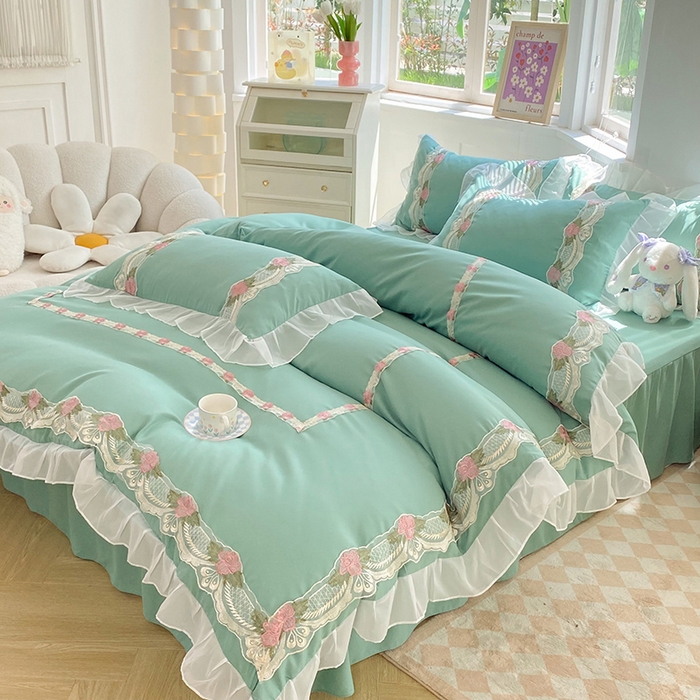 91家纺网 家纺一手货源 找家纺 后庭寝室 2025新款韩版雪纺磨毛蕾丝纯色床裙四件套-遇见公主 遇见公主-绿色