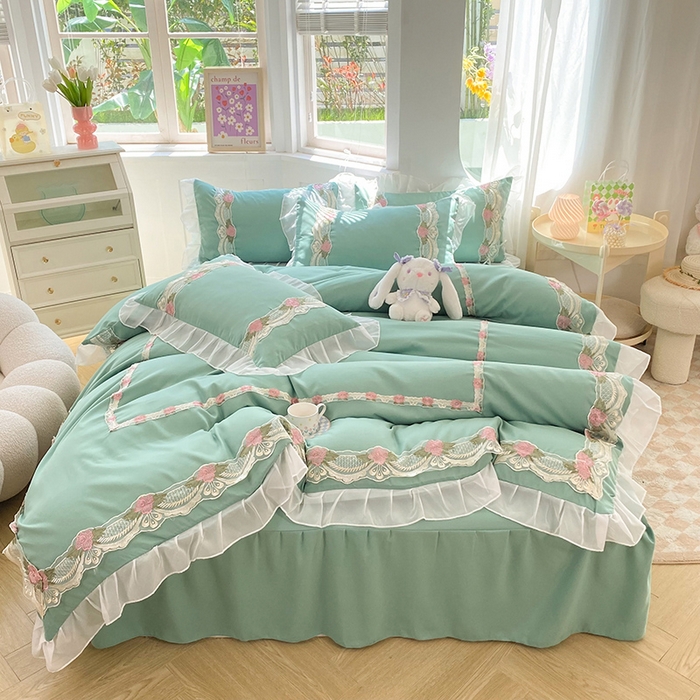 91家纺网 家纺一手货源 找家纺 后庭寝室 2025新款韩版雪纺磨毛蕾丝纯色床裙四件套-遇见公主 遇见公主-绿色