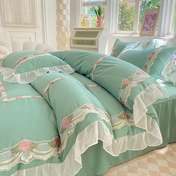 91家纺网 家纺一手货源 找家纺 后庭寝室 2025新款韩版雪纺磨毛蕾丝纯色床裙四件套-遇见公主 遇见公主-绿色