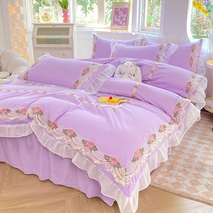 91家纺网 家纺一手货源 找家纺 后庭寝室 2025新款韩版雪纺磨毛蕾丝纯色床裙四件套-遇见公主 遇见公主-浅紫