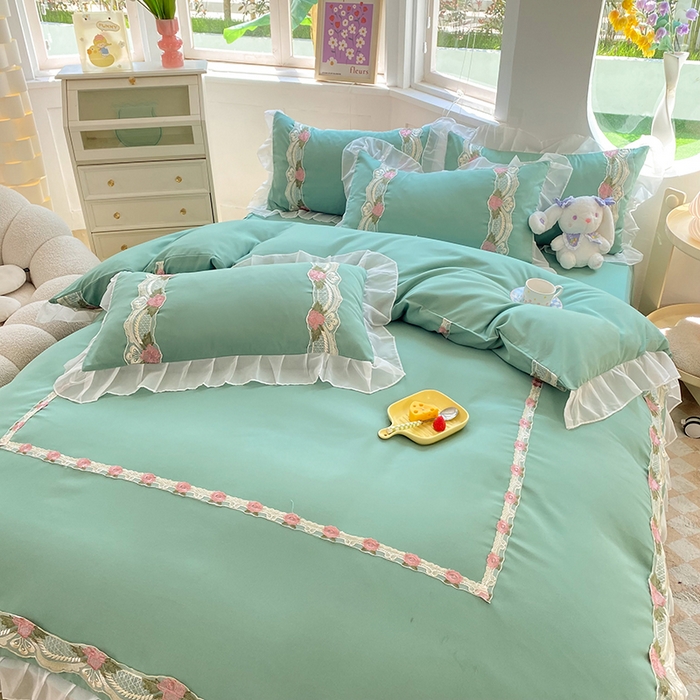 91家纺网 家纺一手货源 找家纺 后庭寝室 2025新款韩版雪纺磨毛蕾丝纯色床裙四件套-遇见公主 遇见公主-绿色