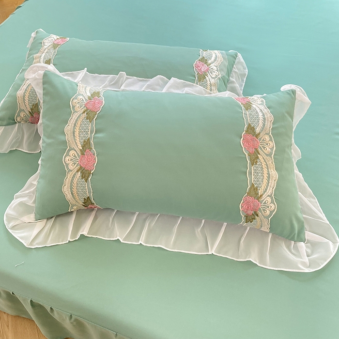 91家纺网 家纺一手货源 找家纺 后庭寝室 2025新款韩版雪纺磨毛蕾丝纯色床裙四件套-遇见公主 遇见公主-绿色