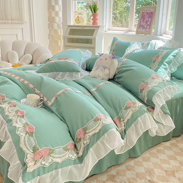 91家纺网 家纺一手货源 找家纺 后庭寝室 2025新款韩版雪纺磨毛蕾丝纯色床裙四件套-遇见公主 遇见公主-绿色