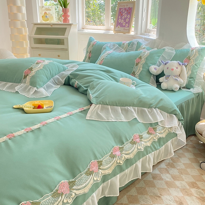 91家纺网 家纺一手货源 找家纺 后庭寝室 2025新款韩版雪纺磨毛蕾丝纯色床裙四件套-遇见公主 遇见公主-绿色