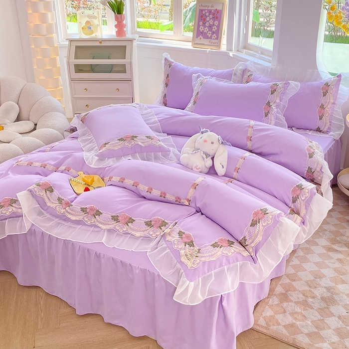 91家纺网 家纺一手货源 找家纺 后庭寝室 2025新款韩版雪纺磨毛蕾丝纯色床裙四件套-遇见公主 遇见公主-浅紫