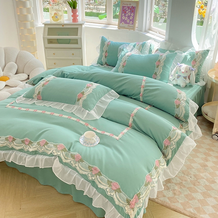 91家纺网 家纺一手货源 找家纺 后庭寝室 2025新款韩版雪纺磨毛蕾丝纯色床裙四件套-遇见公主 遇见公主-绿色