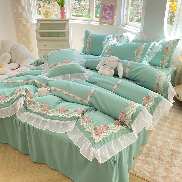 91家纺网 家纺一手货源 找家纺 后庭寝室 2025新款韩版雪纺磨毛蕾丝纯色床裙四件套-遇见公主 遇见公主-绿色