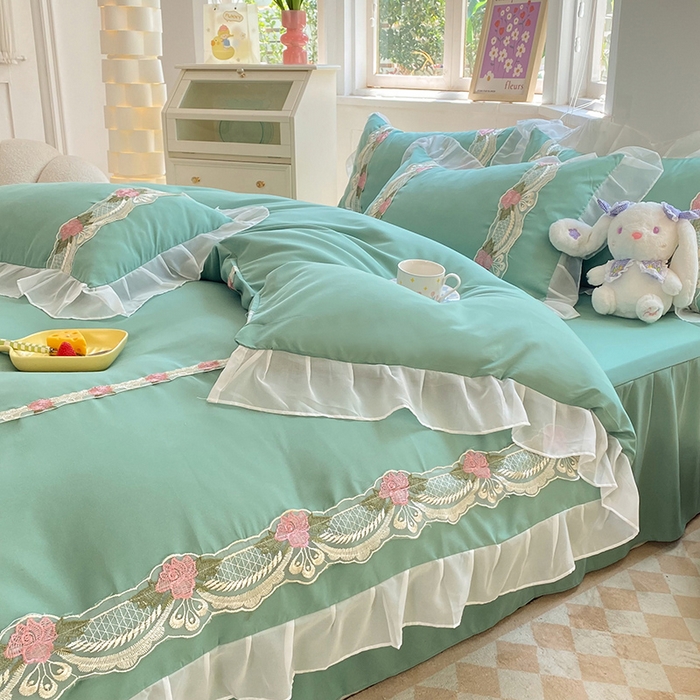91家纺网 家纺一手货源 找家纺 后庭寝室 2025新款韩版雪纺磨毛蕾丝纯色床裙四件套-遇见公主 遇见公主-绿色