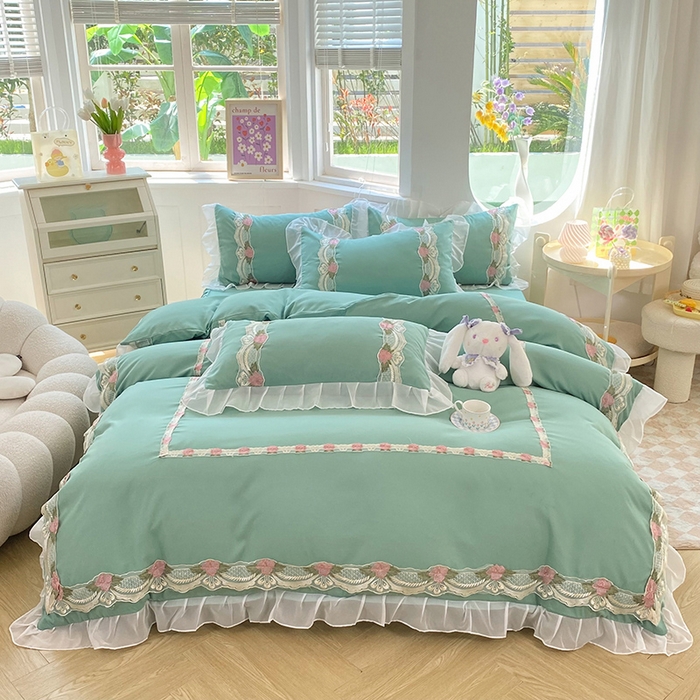 后庭寝室 2025新款韩版雪纺磨毛蕾丝纯色床裙四件套-遇见公主 遇见公主-绿色