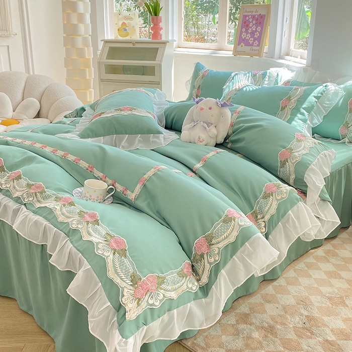 91家纺网 家纺一手货源 找家纺 后庭寝室 2025新款韩版雪纺磨毛蕾丝纯色床裙四件套-遇见公主 遇见公主-绿色