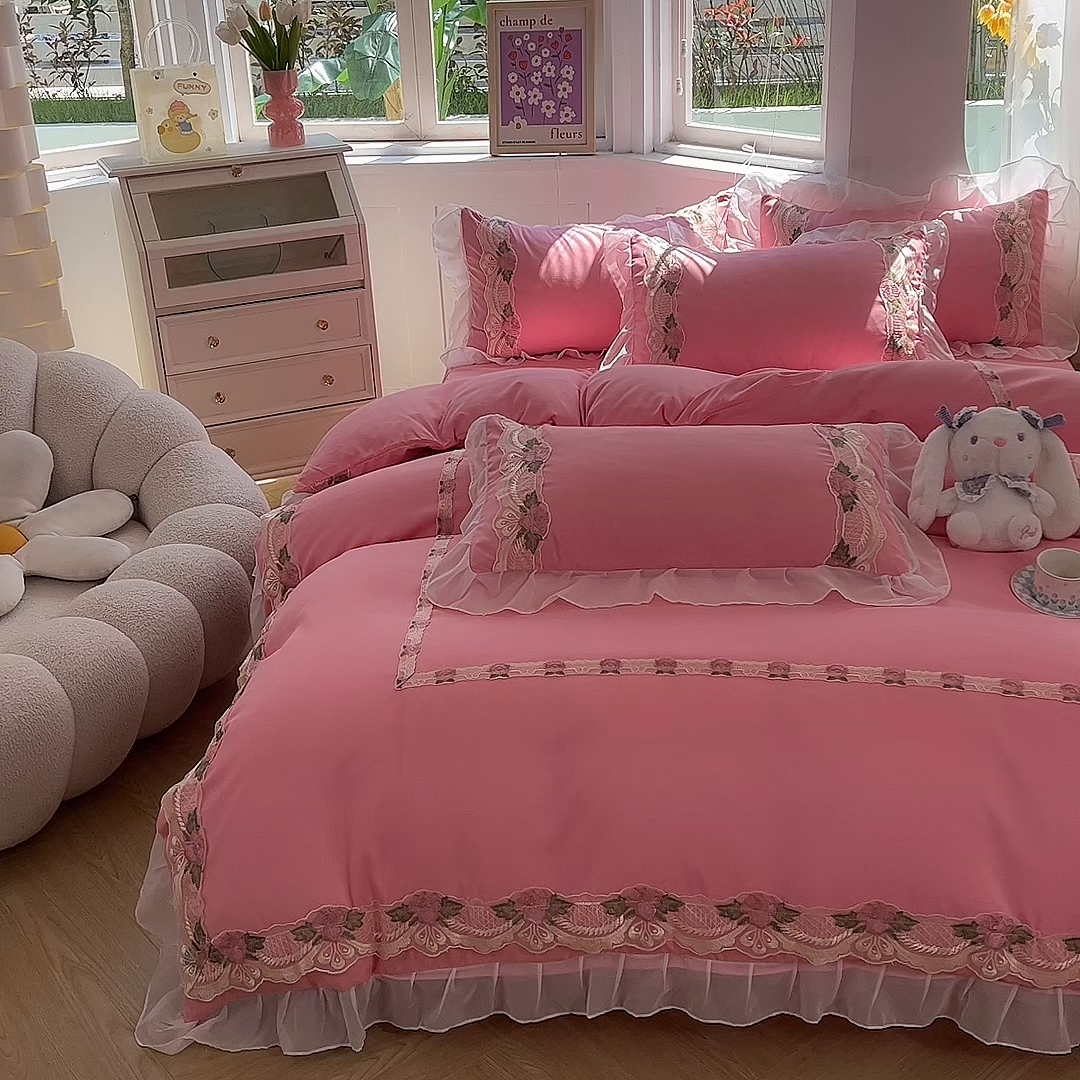 91家纺网 家纺一手货源 找家纺 （总）后庭寝室 2025新款韩版雪纺磨毛蕾丝纯色床裙四件套-遇见公主