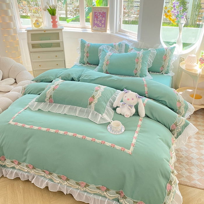 91家纺网 家纺一手货源 找家纺 后庭寝室 2025新款韩版雪纺磨毛蕾丝纯色床裙四件套-遇见公主 遇见公主-绿色