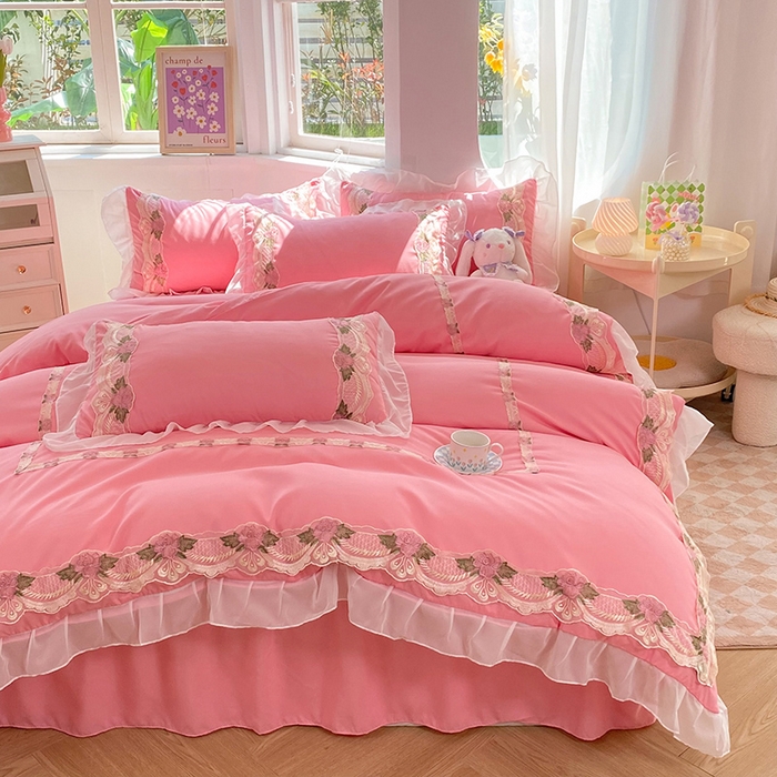 91家纺网 家纺一手货源 找家纺 后庭寝室 2025新款韩版雪纺磨毛蕾丝纯色床裙四件套-遇见公主 遇见公主-粉玉