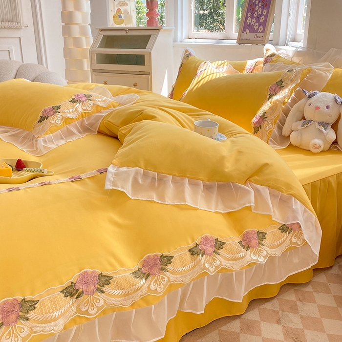 91家纺网 家纺一手货源 找家纺 后庭寝室 2025新款韩版雪纺磨毛蕾丝纯色床裙四件套-遇见公主 遇见公主-金黄