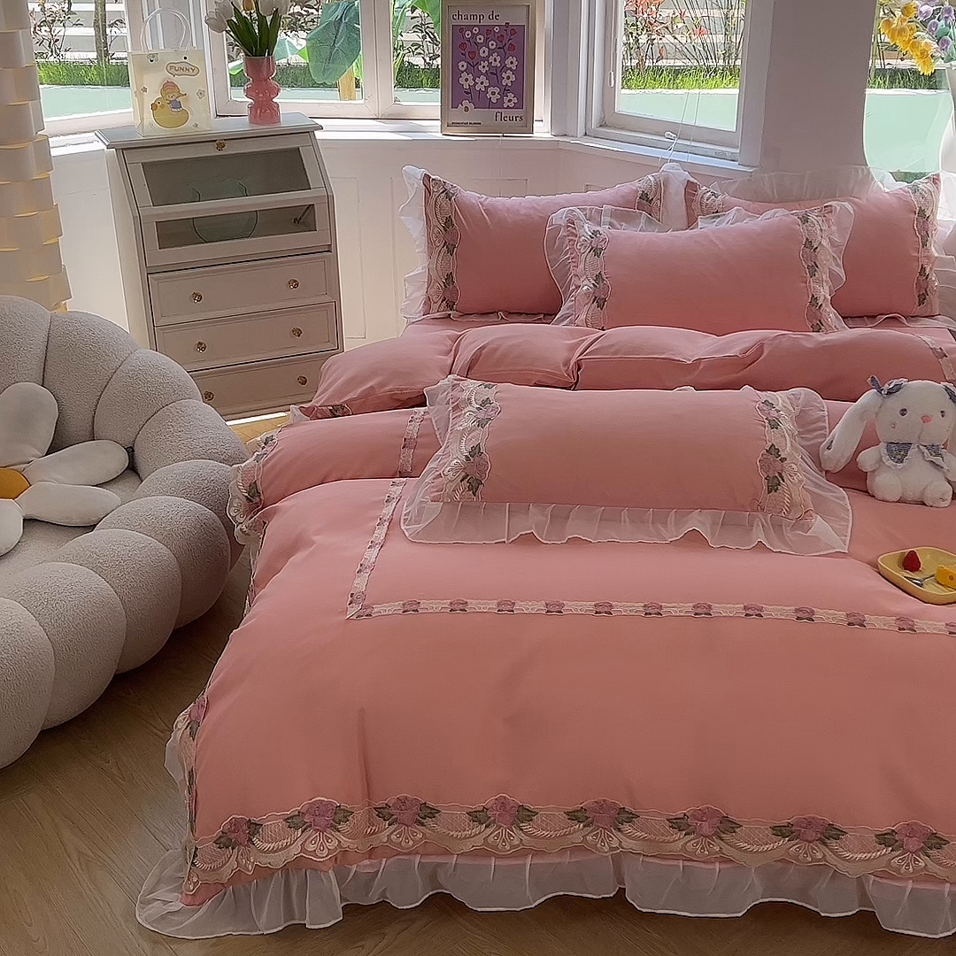 91家纺网 家纺一手货源 找家纺 后庭寝室 2025新款韩版雪纺磨毛蕾丝纯色床裙四件套-遇见公主 遇见公主-玉色