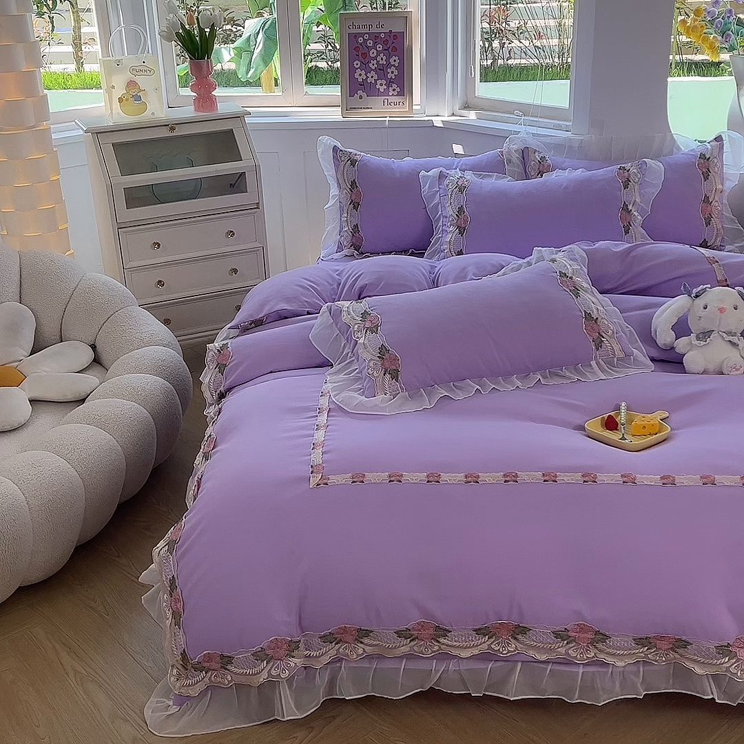 91家纺网 家纺一手货源 找家纺 后庭寝室 2025新款韩版雪纺磨毛蕾丝纯色床裙四件套-遇见公主 遇见公主-浅紫