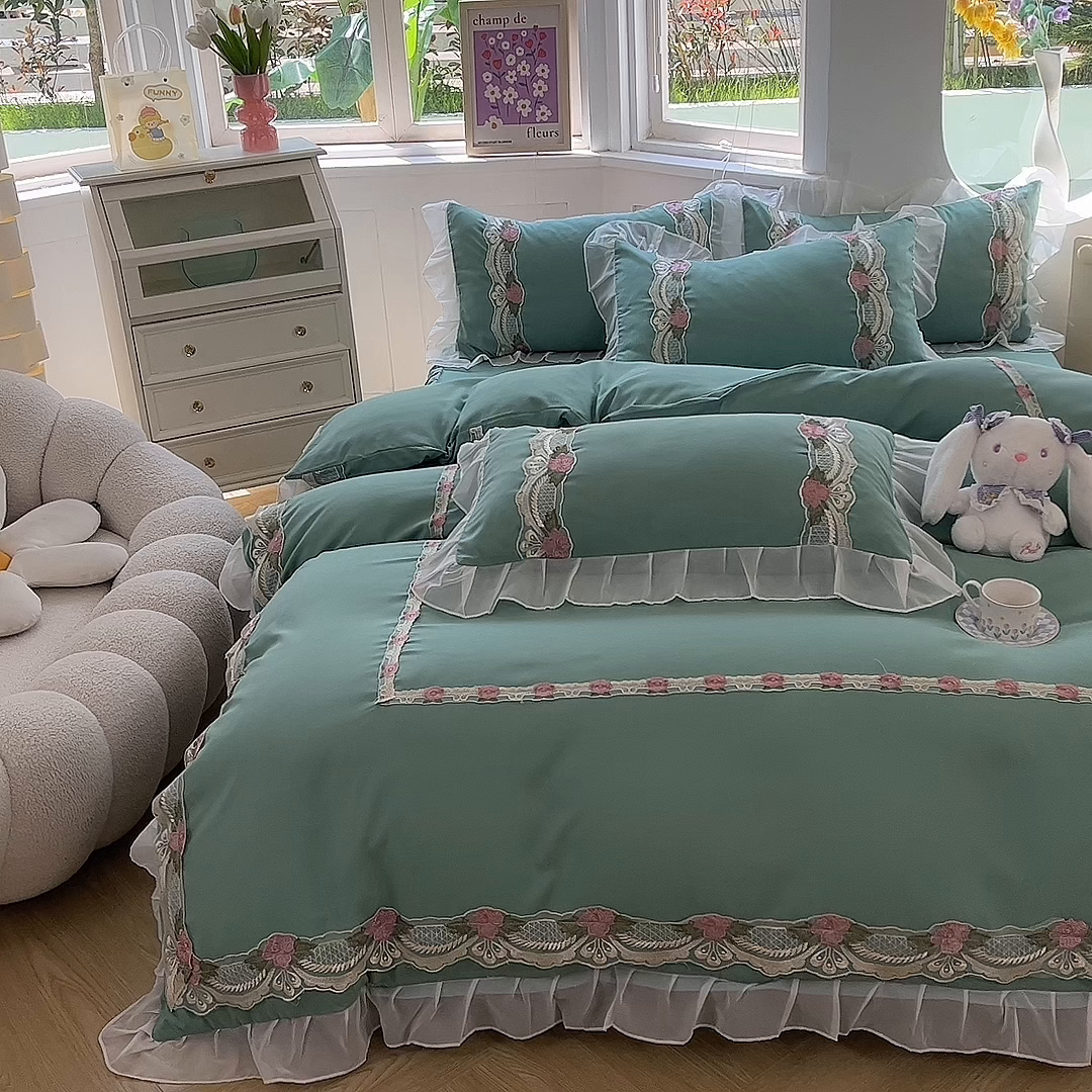 91家纺网 家纺一手货源 找家纺 后庭寝室 2025新款韩版雪纺磨毛蕾丝纯色床裙四件套-遇见公主 遇见公主-绿色