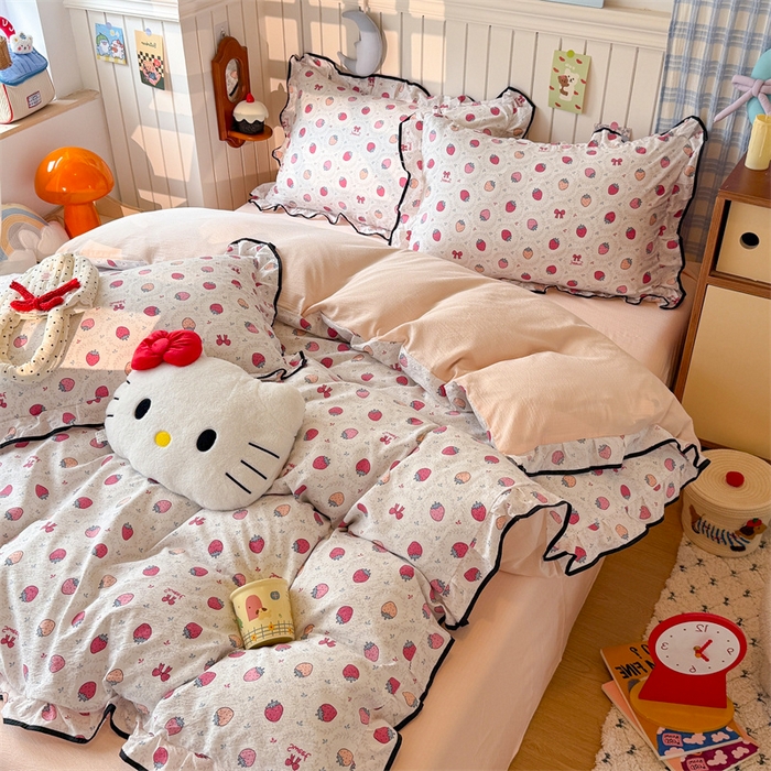 91家纺网 家纺一手货源 找家纺 森璐家纺 2025新款云感皱皱双层纱黑色包边四件套 黑边-芝士莓莓