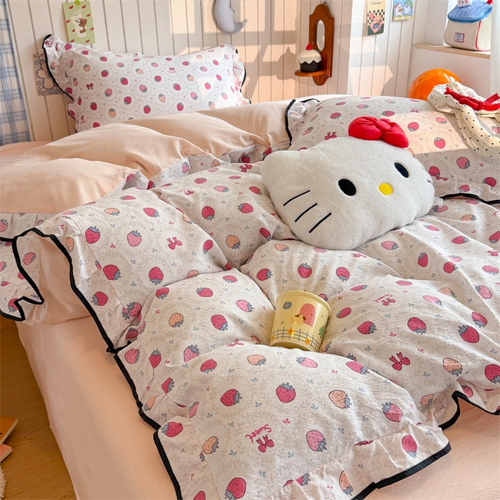 91家纺网 家纺一手货源 找家纺 森璐家纺 2025新款云感皱皱双层纱黑色包边四件套 黑边-芝士莓莓