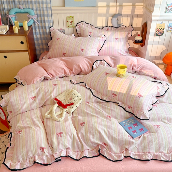 91家纺网 家纺一手货源 找家纺 （总）森璐家纺 2025新款云感皱皱双层纱黑色包边四件套