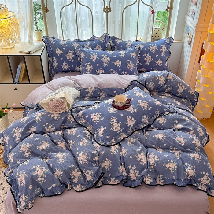 91家纺网 家纺一手货源 找家纺 （总）森璐家纺 2025新款云感皱皱双层纱黑色包边四件套