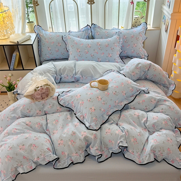 91家纺网 家纺一手货源 找家纺 （总）森璐家纺 2025新款云感皱皱双层纱黑色包边四件套