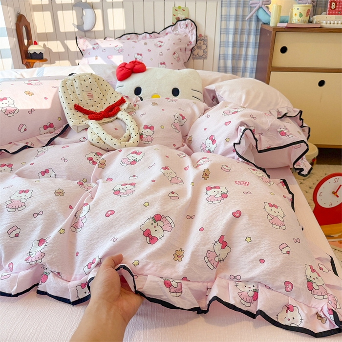 91家纺网 家纺一手货源 找家纺 （总）森璐家纺 2025新款云感皱皱双层纱黑色包边四件套