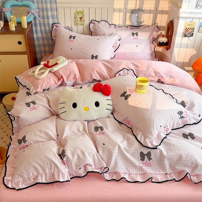 91家纺网 家纺一手货源 找家纺 （总）森璐家纺 2025新款云感皱皱双层纱黑色包边四件套