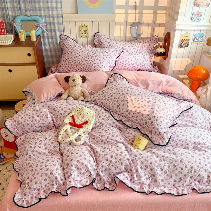 91家纺网 家纺一手货源 找家纺 （总）森璐家纺 2025新款云感皱皱双层纱黑色包边四件套