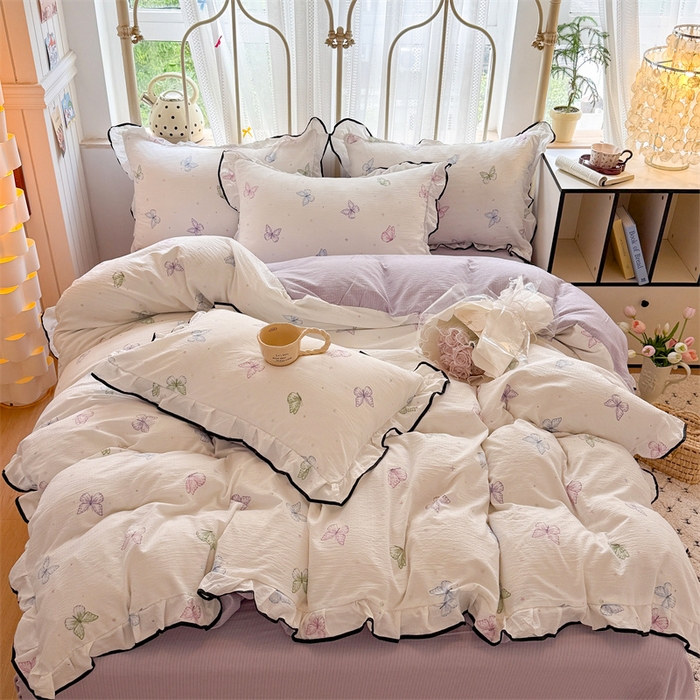 91家纺网 家纺一手货源 找家纺 （总）森璐家纺 2025新款云感皱皱双层纱黑色包边四件套