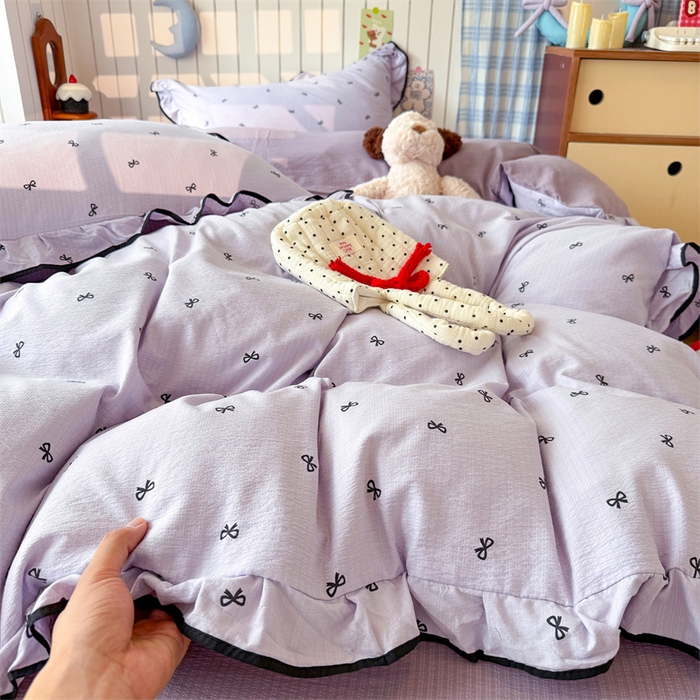 91家纺网 家纺一手货源 找家纺 （总）森璐家纺 2025新款云感皱皱双层纱黑色包边四件套