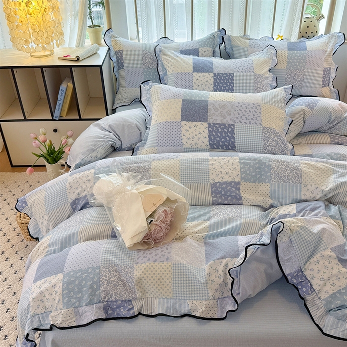 91家纺网 家纺一手货源 找家纺 （总）森璐家纺 2025新款云感皱皱双层纱黑色包边四件套