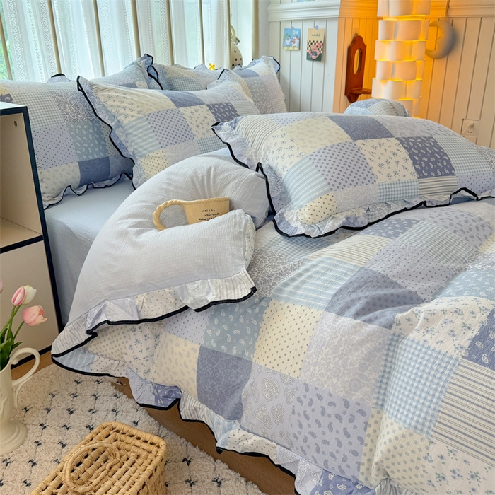 91家纺网 家纺一手货源 找家纺 （总）森璐家纺 2025新款云感皱皱双层纱黑色包边四件套