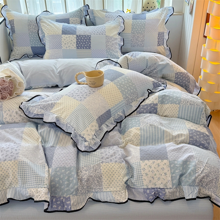 91家纺网 家纺一手货源 找家纺 （总）森璐家纺 2025新款云感皱皱双层纱黑色包边四件套