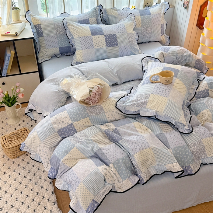 91家纺网 家纺一手货源 找家纺 （总）森璐家纺 2025新款云感皱皱双层纱黑色包边四件套