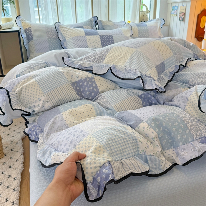 91家纺网 家纺一手货源 找家纺 （总）森璐家纺 2025新款云感皱皱双层纱黑色包边四件套