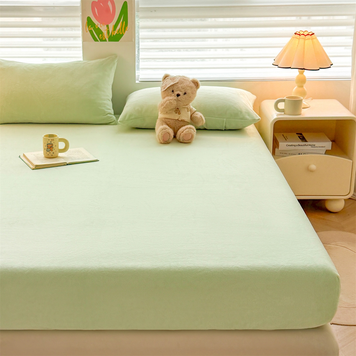 91家纺网 家纺一手货源 找家纺 雯豆家纺 2025新款单层高克重牛奶绒纯色床笠素色床垫保护套 牛奶绒单层床笠-薄荷绿