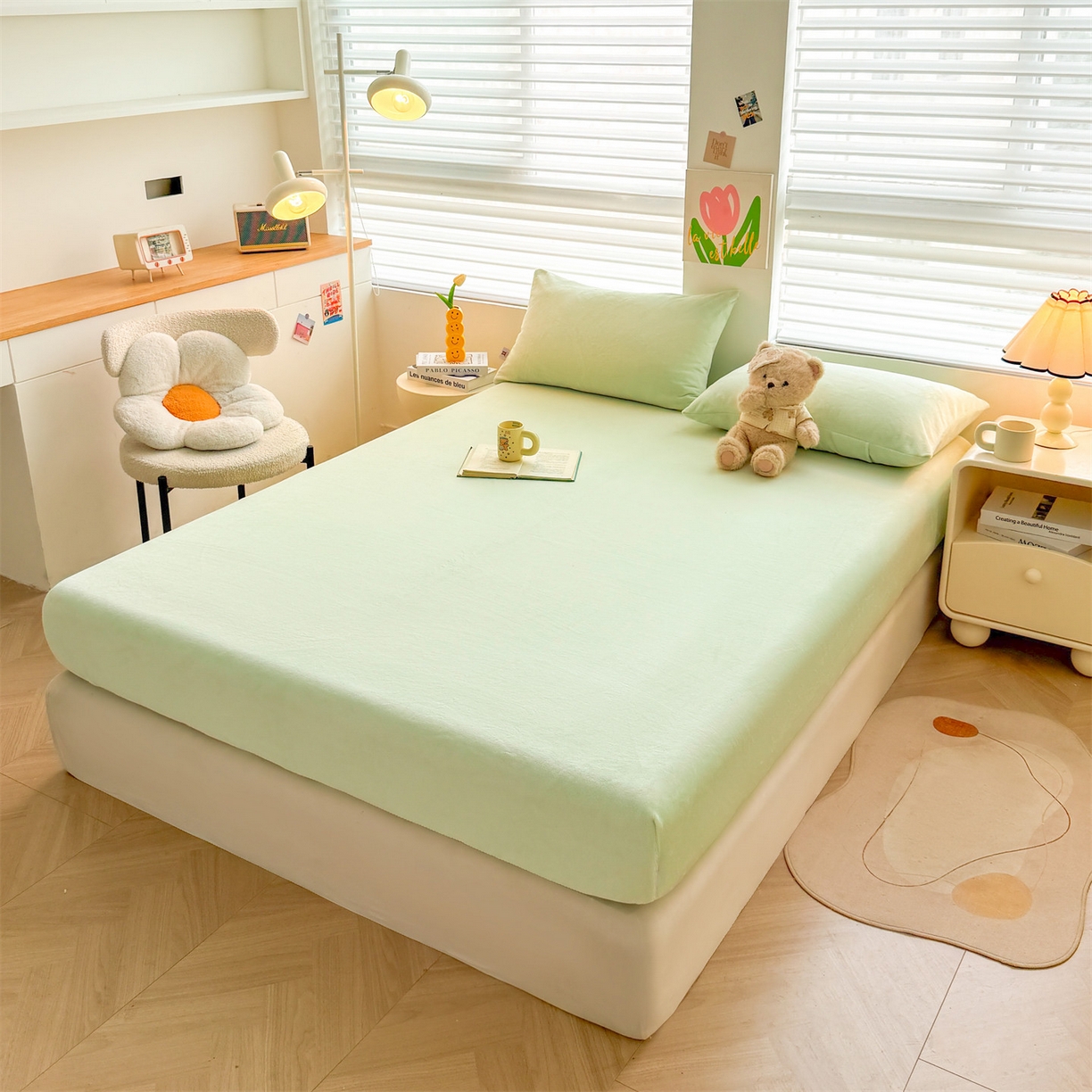 91家纺网 家纺一手货源 找家纺 雯豆家纺 2025新款单层高克重牛奶绒纯色床笠素色床垫保护套 牛奶绒单层床笠-薄荷绿