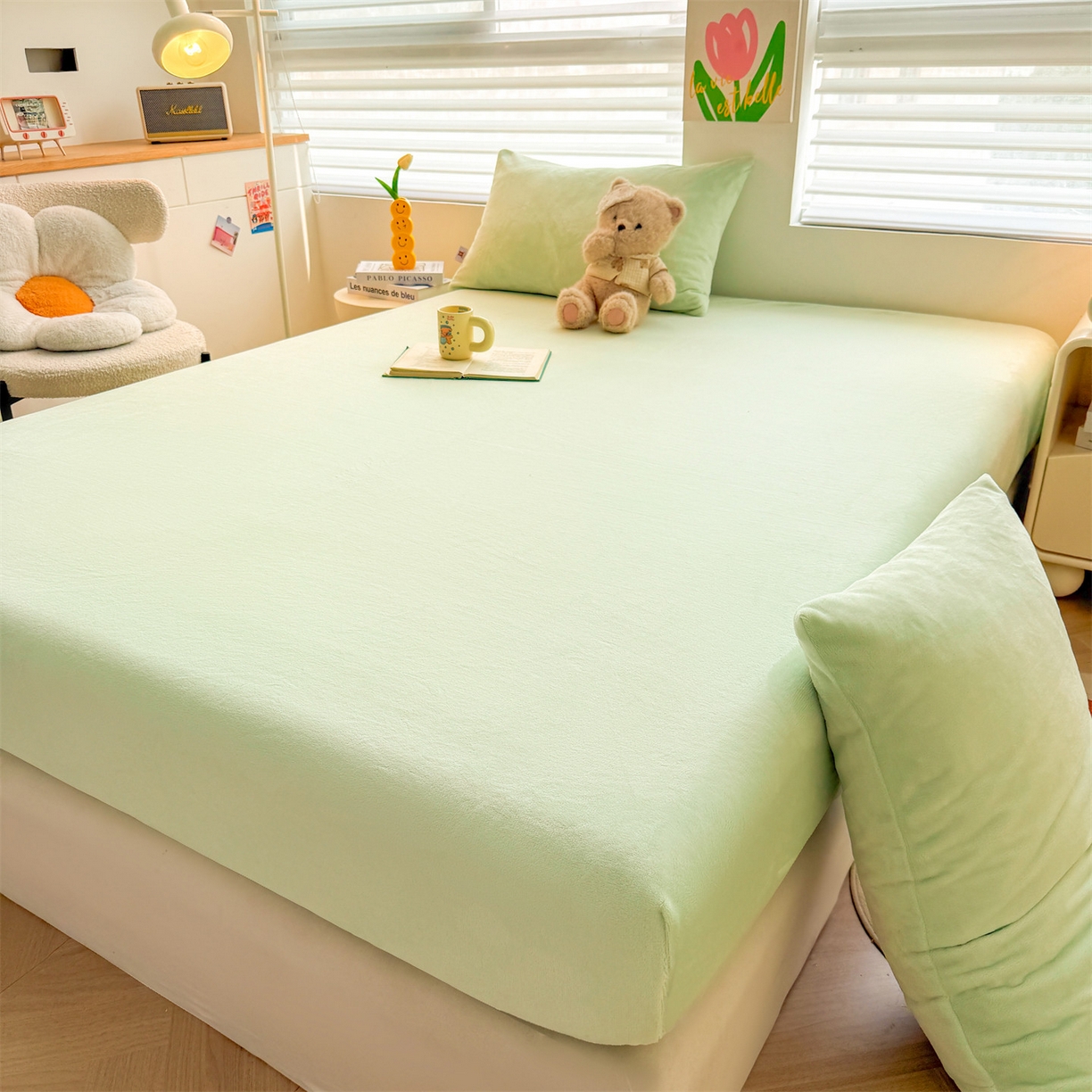 91家纺网 家纺一手货源 找家纺 雯豆家纺 2025新款单层高克重牛奶绒纯色床笠素色床垫保护套 牛奶绒单层床笠-薄荷绿