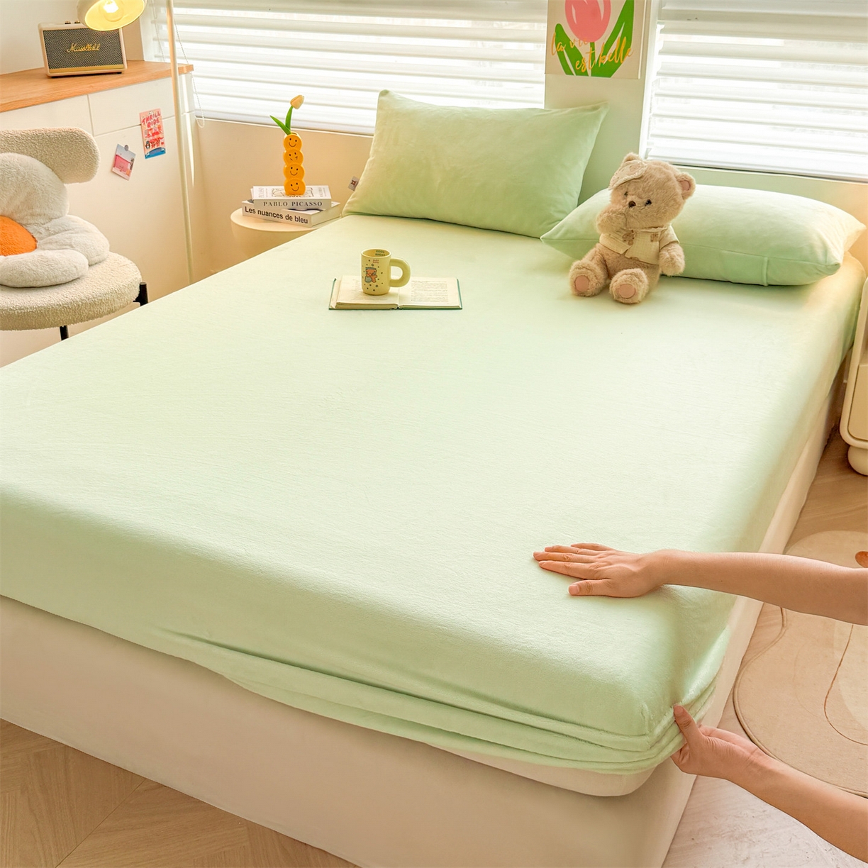 91家纺网 家纺一手货源 找家纺 雯豆家纺 2025新款单层高克重牛奶绒纯色床笠素色床垫保护套 牛奶绒单层床笠-薄荷绿
