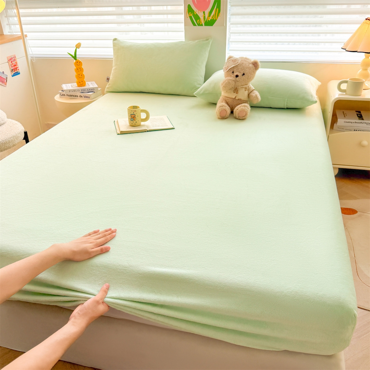 91家纺网 家纺一手货源 找家纺 雯豆家纺 2025新款单层高克重牛奶绒纯色床笠素色床垫保护套 牛奶绒单层床笠-薄荷绿