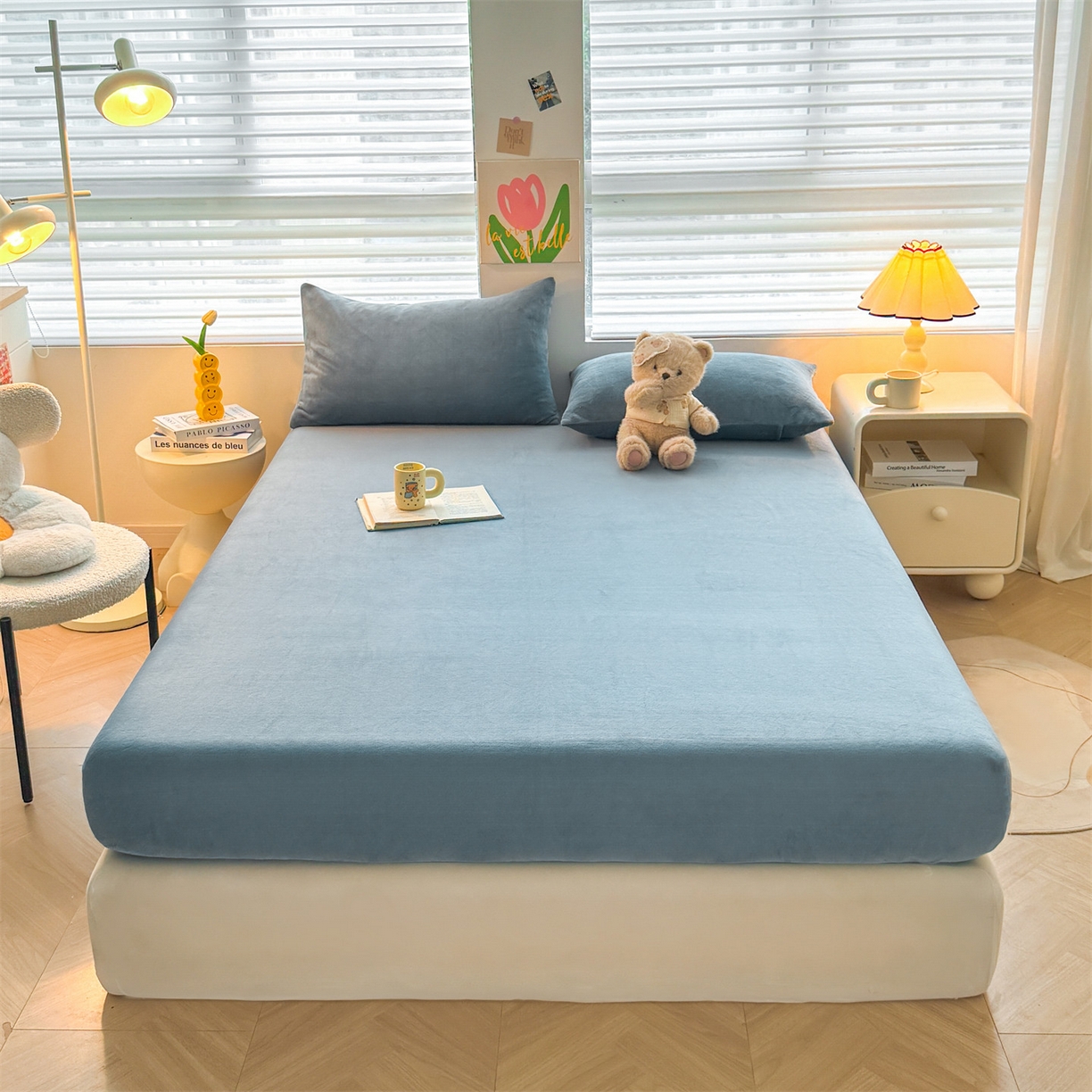 91家纺网 家纺一手货源 找家纺 雯豆家纺 2025新款单层高克重牛奶绒纯色床笠素色床垫保护套 牛奶绒单层床笠-碧海蓝