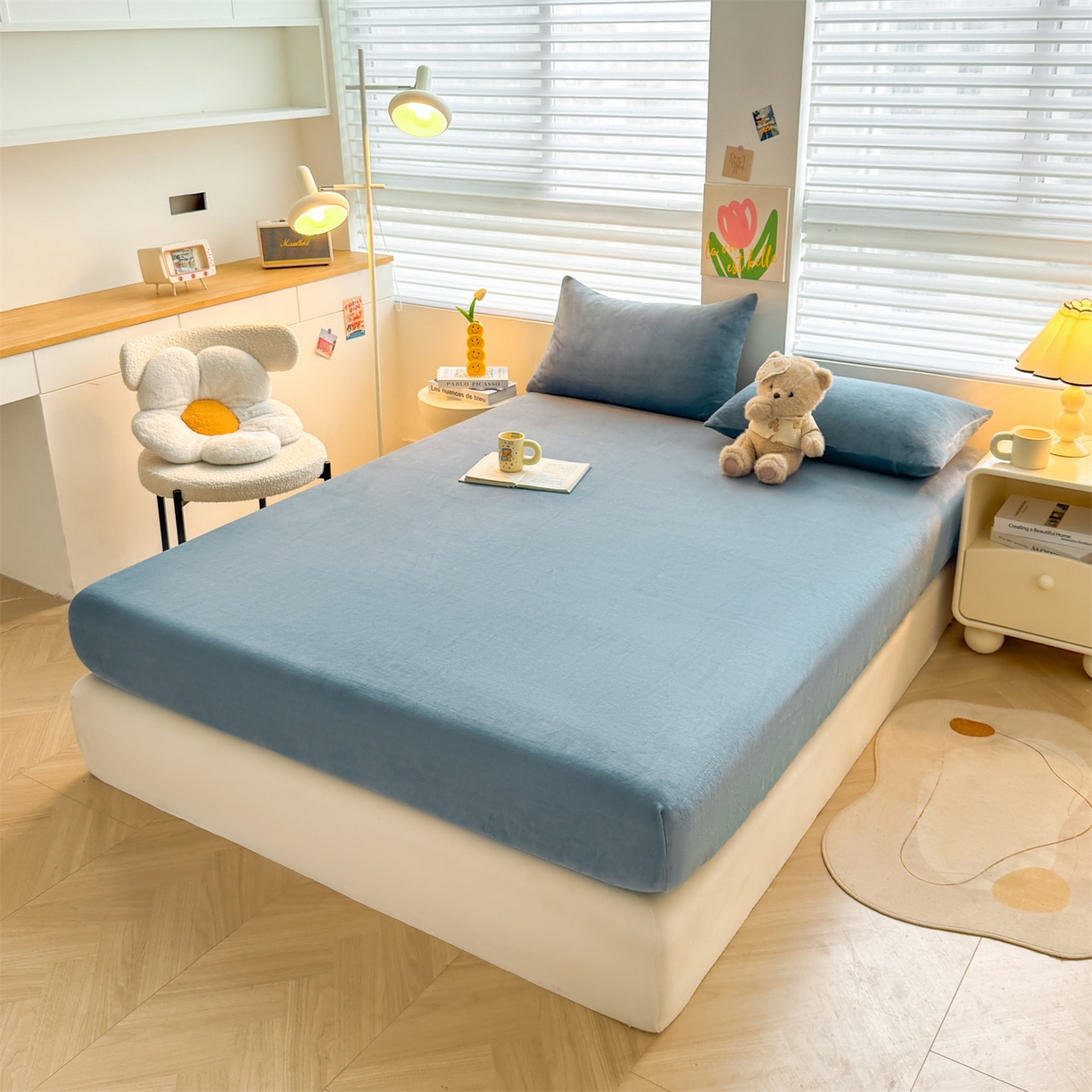 91家纺网 家纺一手货源 找家纺 雯豆家纺 2025新款单层高克重牛奶绒纯色床笠素色床垫保护套 牛奶绒单层床笠-碧海蓝