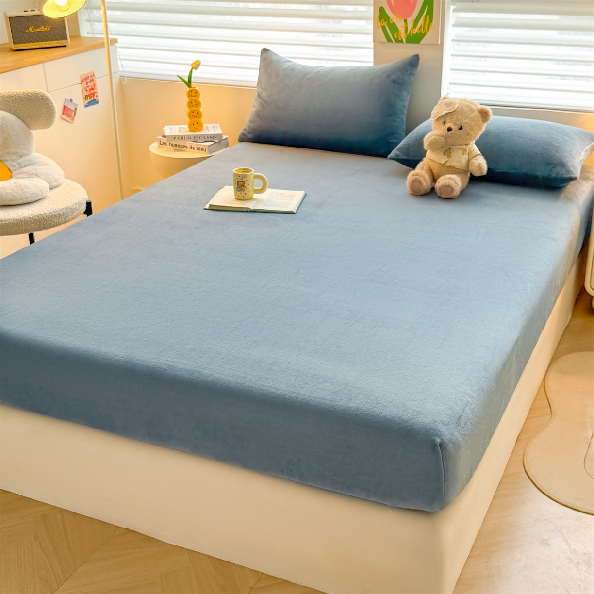 91家纺网 家纺一手货源 找家纺 雯豆家纺 2025新款单层高克重牛奶绒纯色床笠素色床垫保护套 牛奶绒单层床笠-碧海蓝